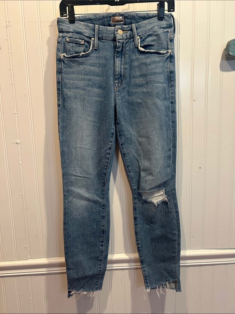 MOTHER Straight Leg Distressed Light Blue Jeans